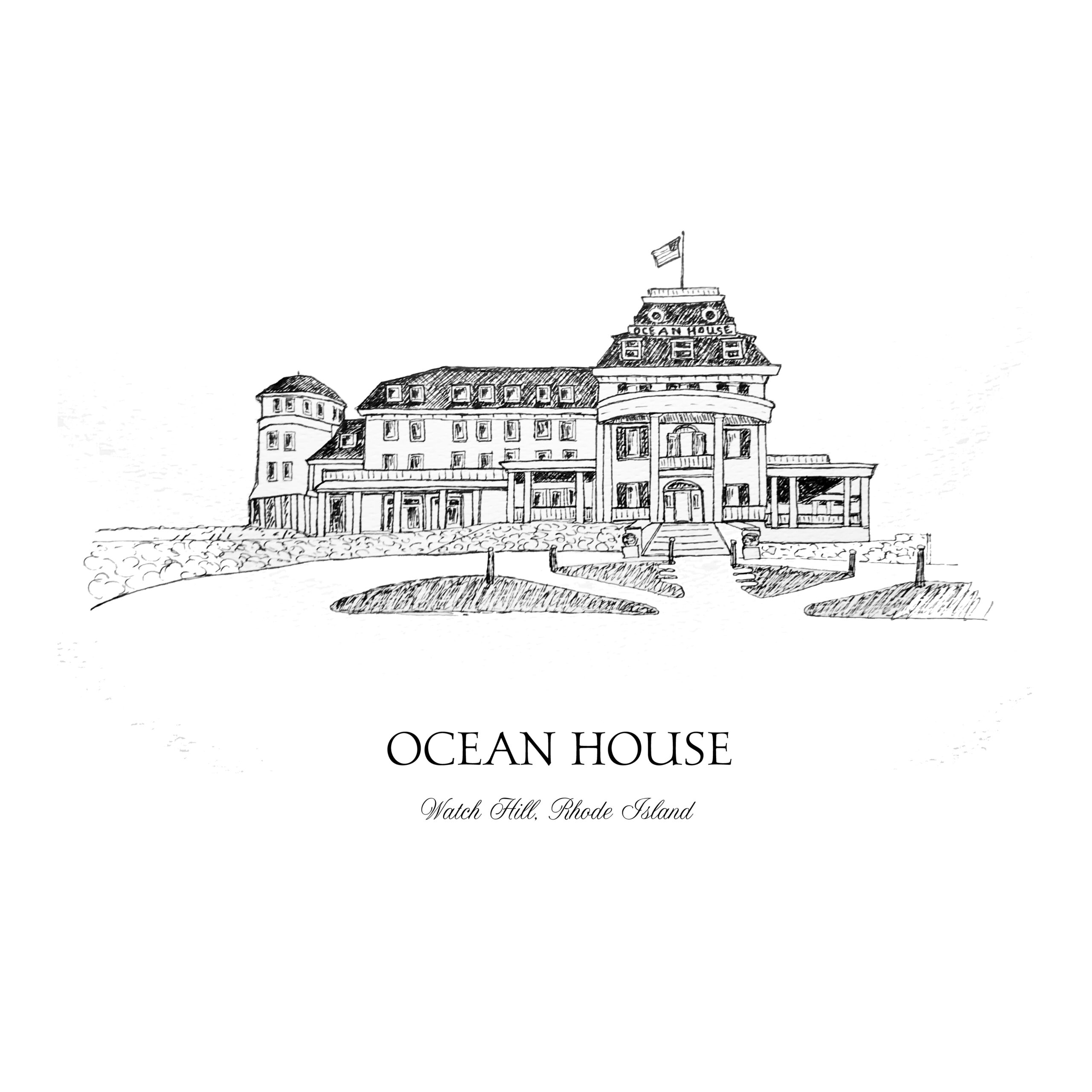 Ocean House - Watch Hill, Rhode Island pen sketch ivory isle designs